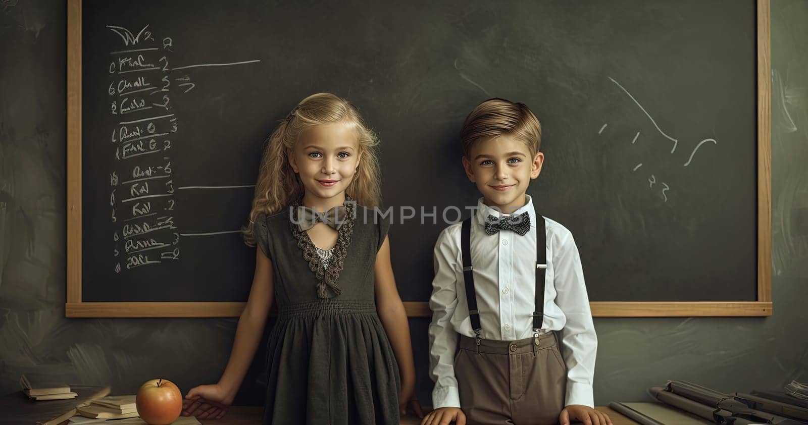 School pupil, boy and girl standing in front of black board. School children couple. Generated AI. by SwillKch