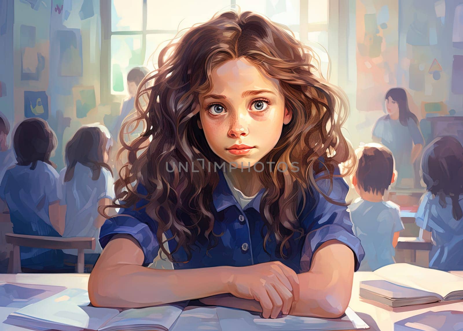 Young girl sits in a school classroom, surrounded by her peers. Drawn schoolgirl studying at a table in a classroom. Generated AI