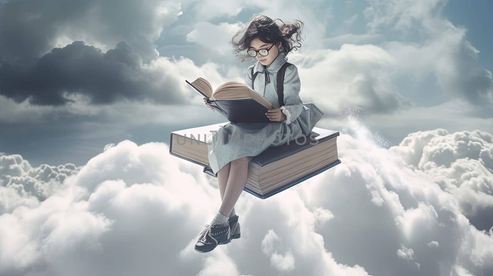 Schoolgirl reads the book in the sky, flying in her dreams and fantasies. Learning concept with little girl in the world of education. Generated AI. by SwillKch