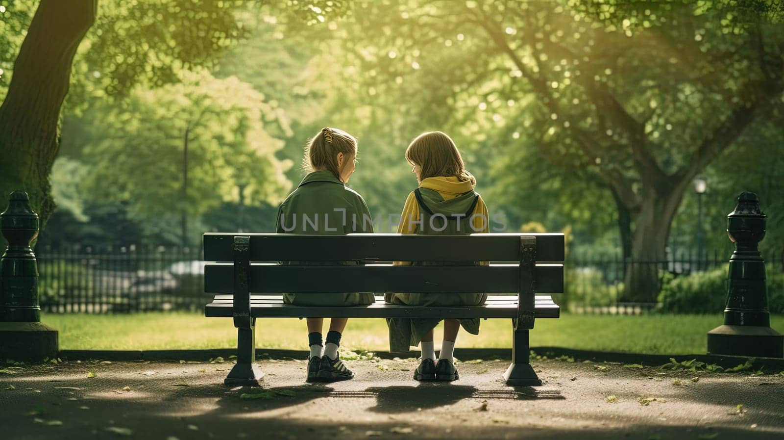 Schoolgirls sitting on the bench. Friends spending time together. Generated AI. by SwillKch