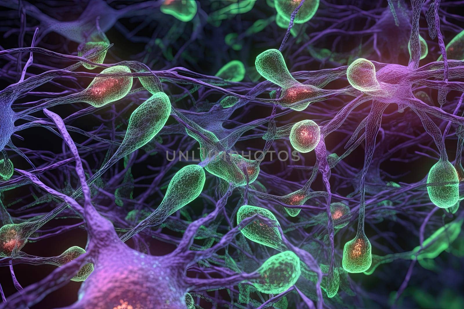 Science and medicine abstraction with neurons transmitting synapse signal. Neural system with impulse going through nerve cell. Generated AI
