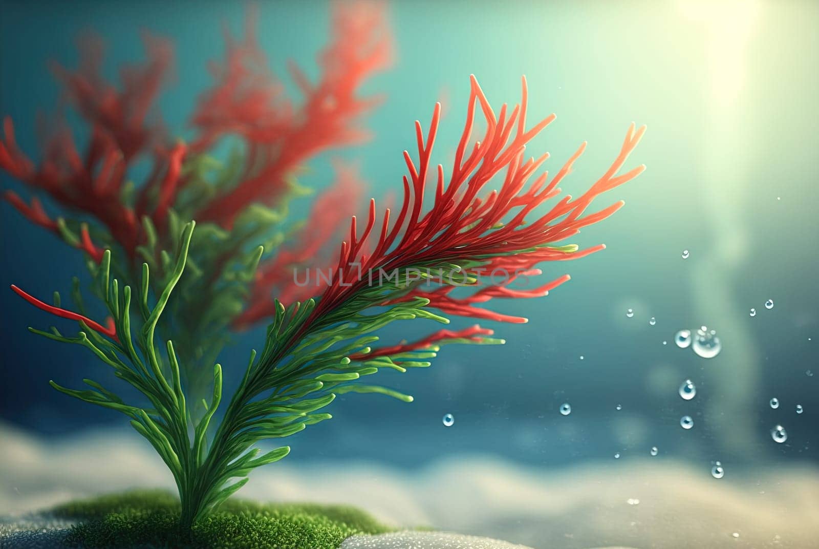 Seaweed on marine landscape. Wet grass on the coast with ocean or sea around. Generated AI