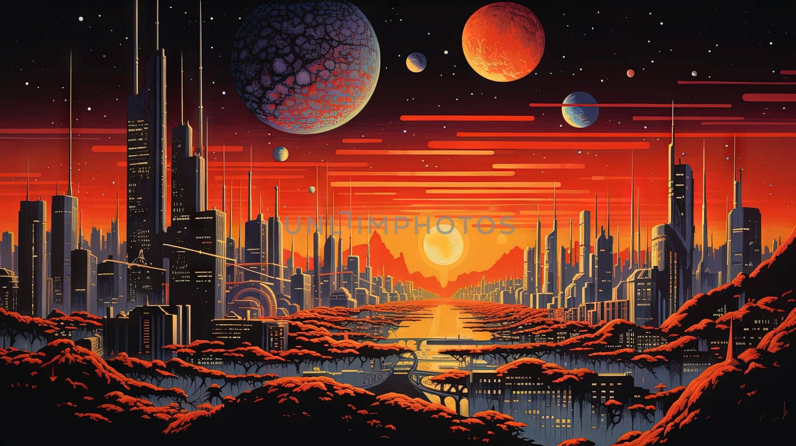 Retro futuristic city in the old school sci-fi art scene. Retro space landscape with city. Generated AI