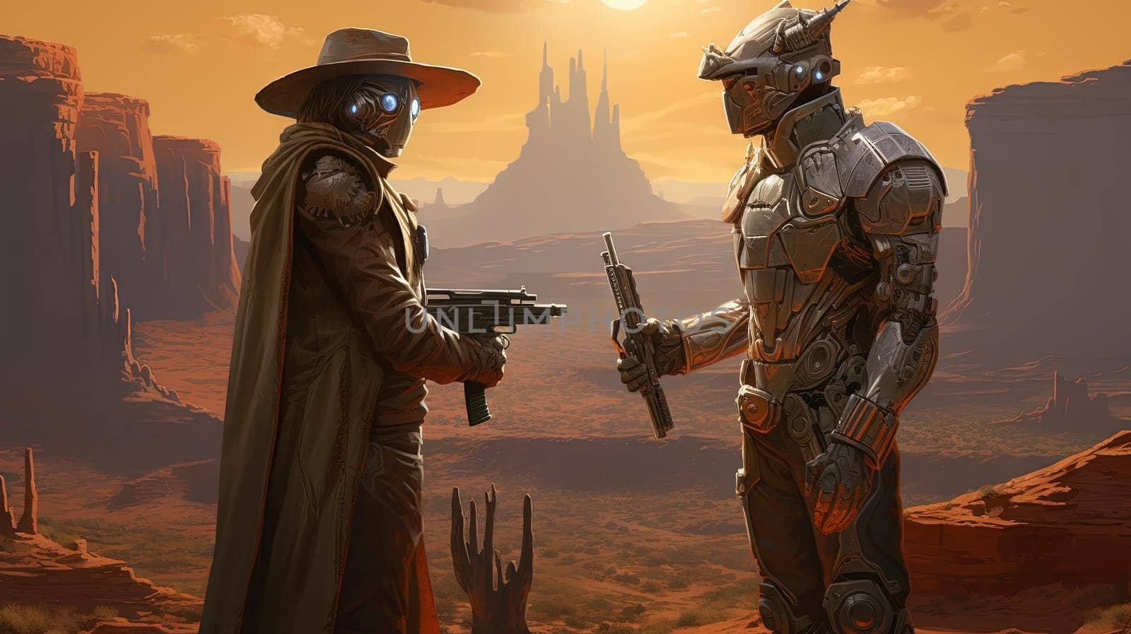 Space cowboys in sci-fi western scene. Sci-fi warriors of the wasteland. Generated AI