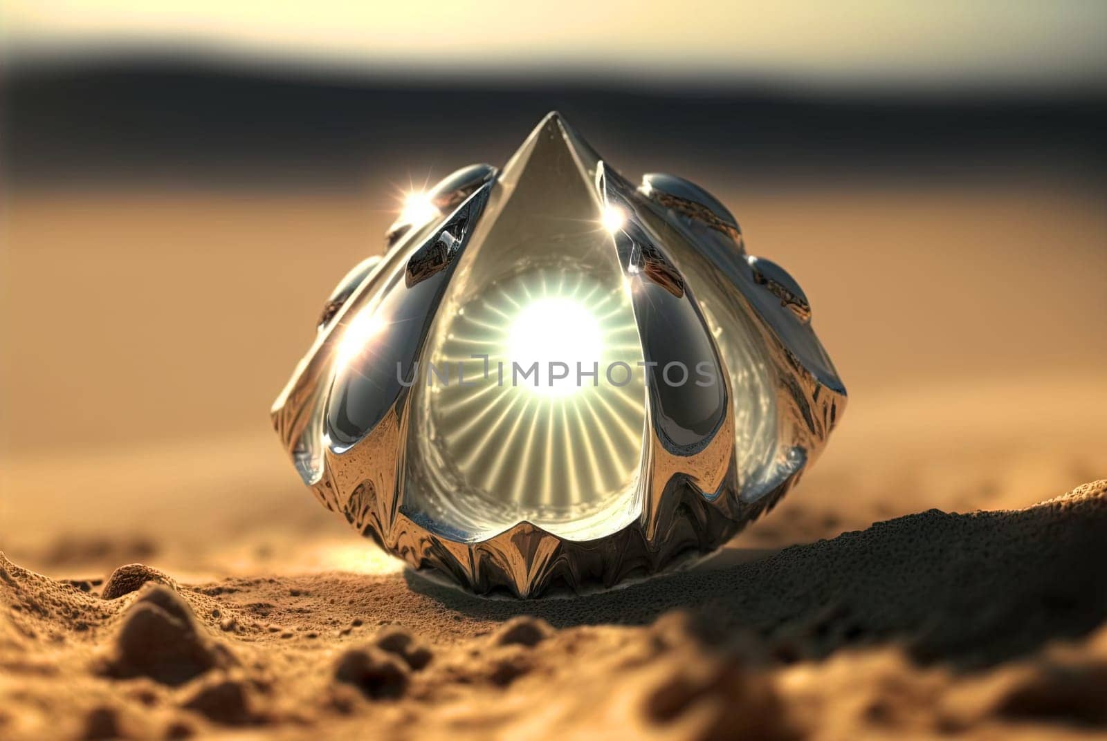 Abstract fantasy shell on the beach. Surreal seashell on the alien planet landscape. Generated AI