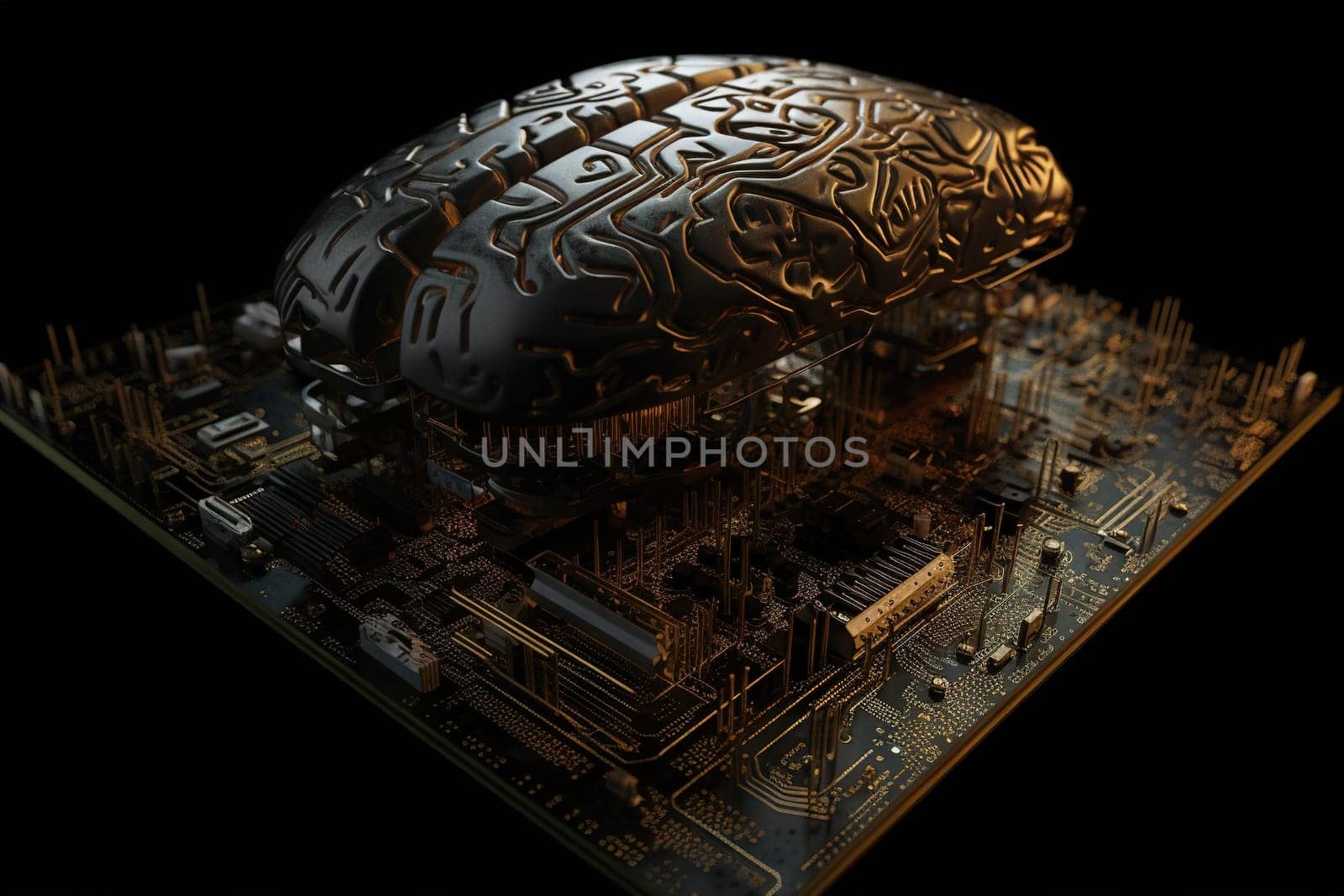 Artificial intelligence science concept with technological AI brain on the circuit board. Generated AI