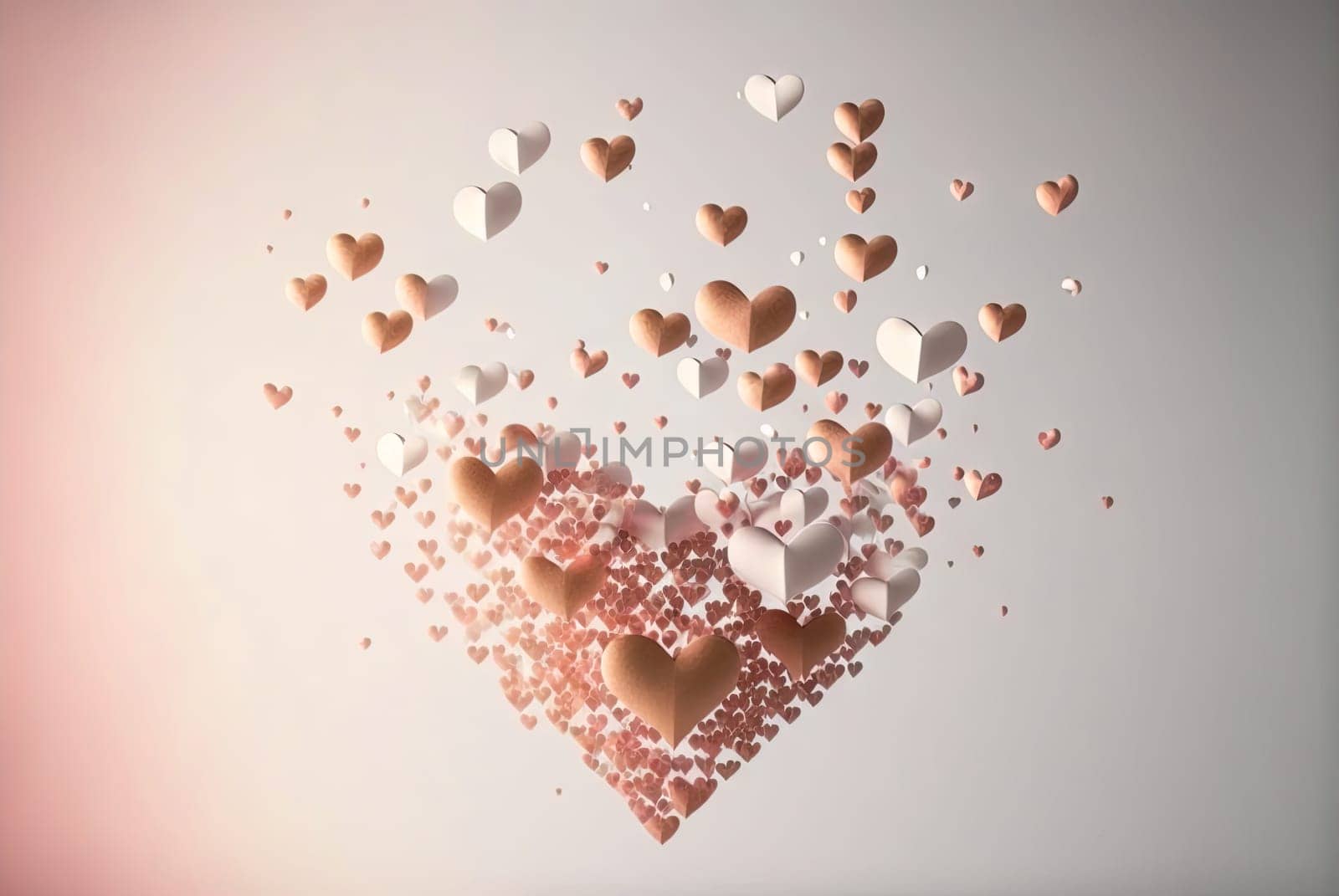 Abstract flying hearts, romantic pink symbols scattered to show love. Blurred background. Generated AI