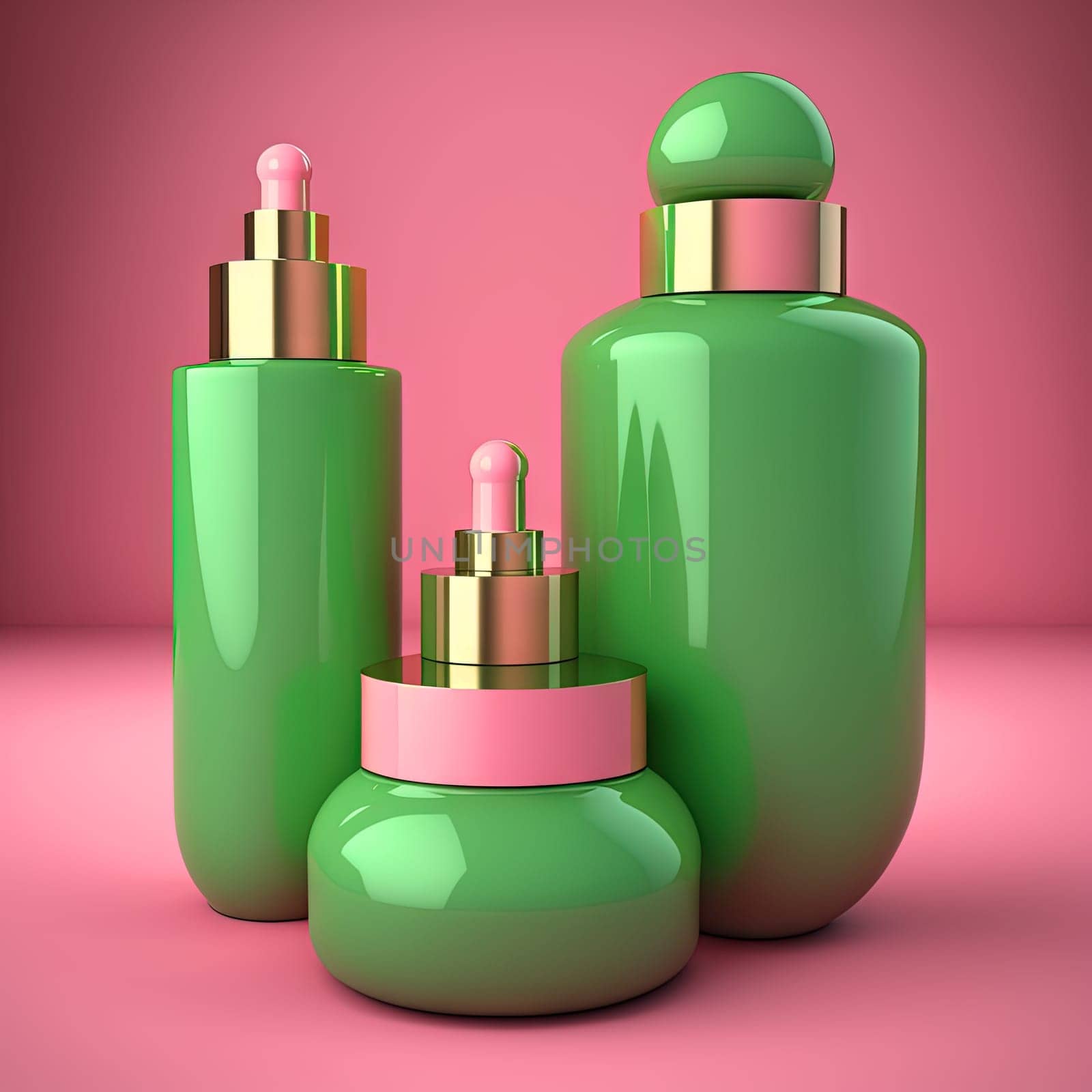 Cosmetics bottles mockup. Empty green bottles on the pink background. Generative AI