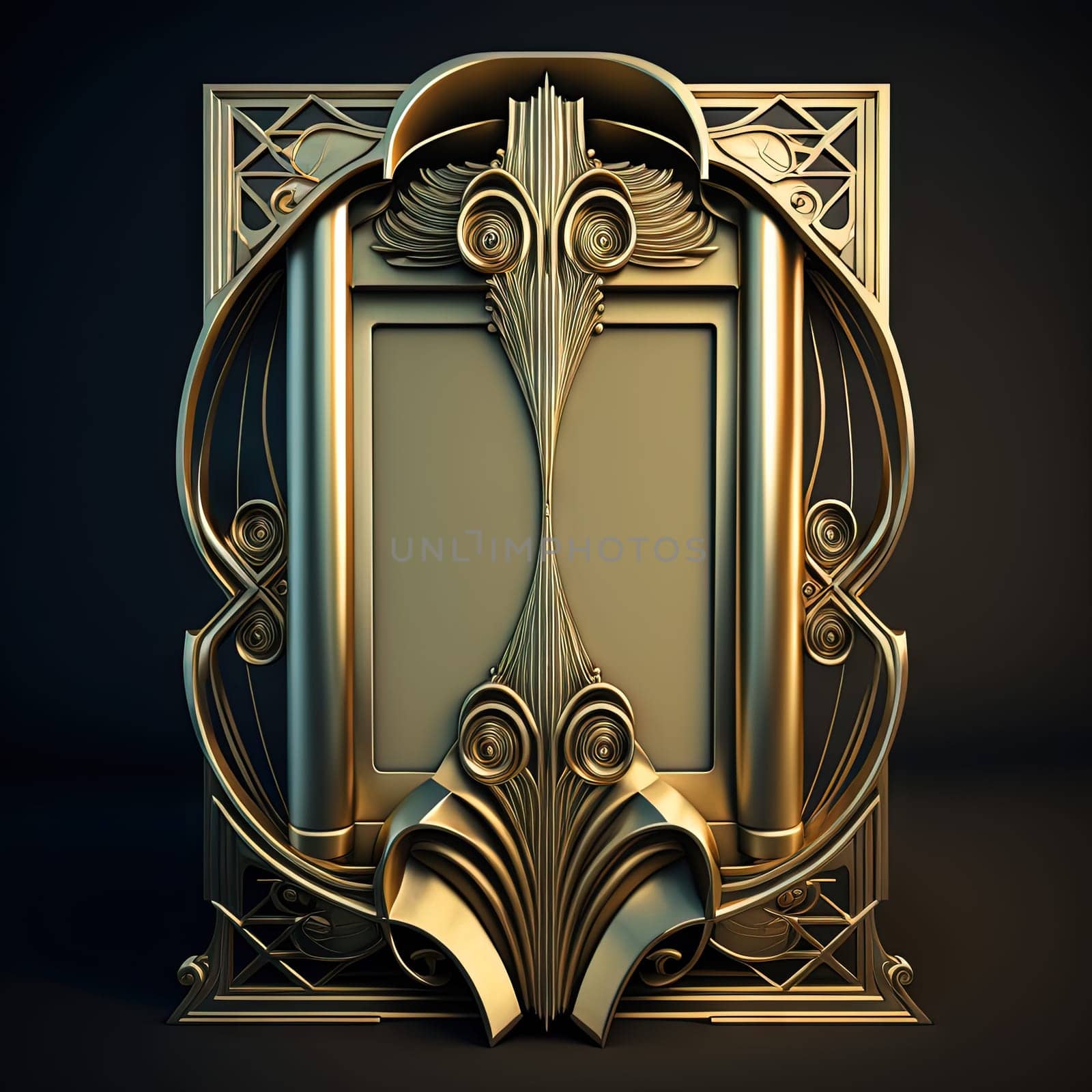 Golden ornamental art deco frame on black bakcground. Retro golden art deco or art nouveu frame with vintage ornament. Generative AI