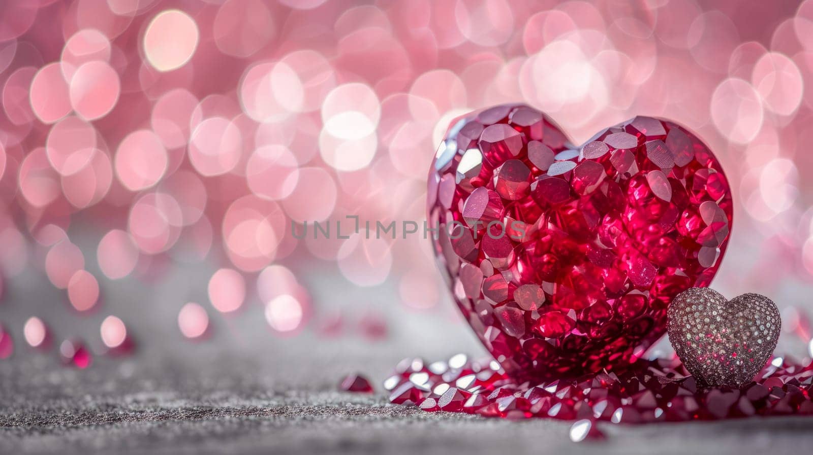 Beautiful red heart made of ruby gemstone on a pink background. AI generated. by OlgaGubskaya