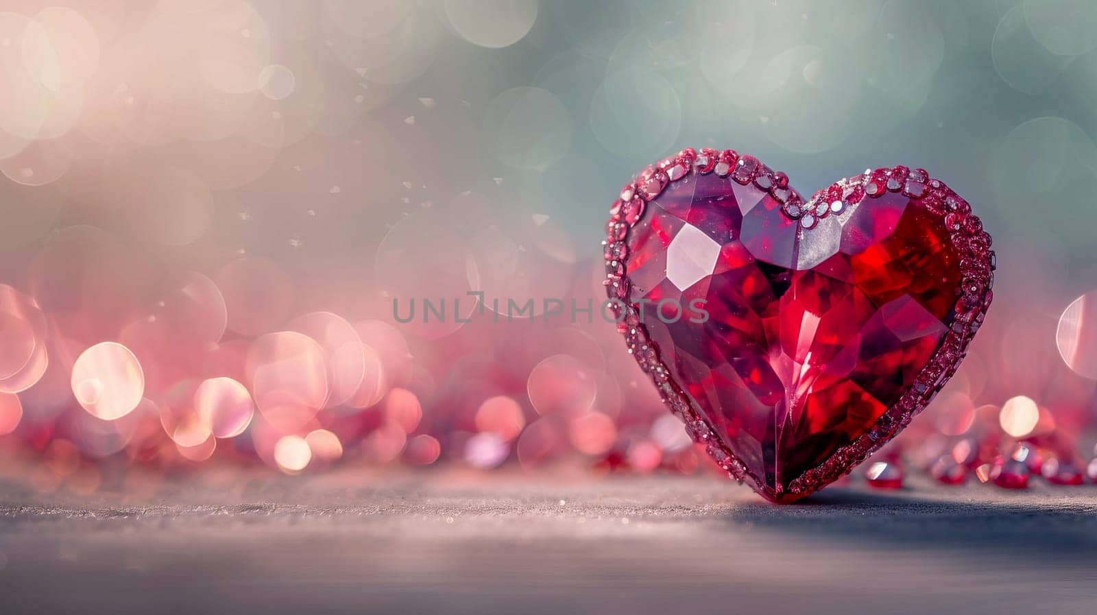 Beautiful red heart made of ruby gemstone on a pink background. AI generated. by OlgaGubskaya