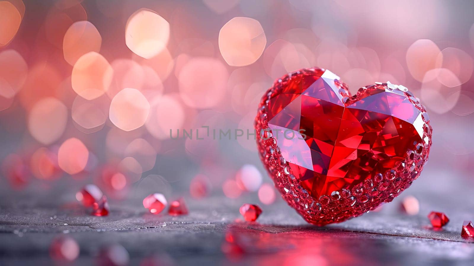 Beautiful red heart made of ruby gemstone on a pink background. AI generated. by OlgaGubskaya