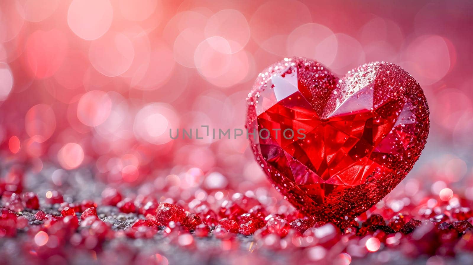 Beautiful luxury red heart made of ruby gemstone on a pink background. Copy space. AI generated.
