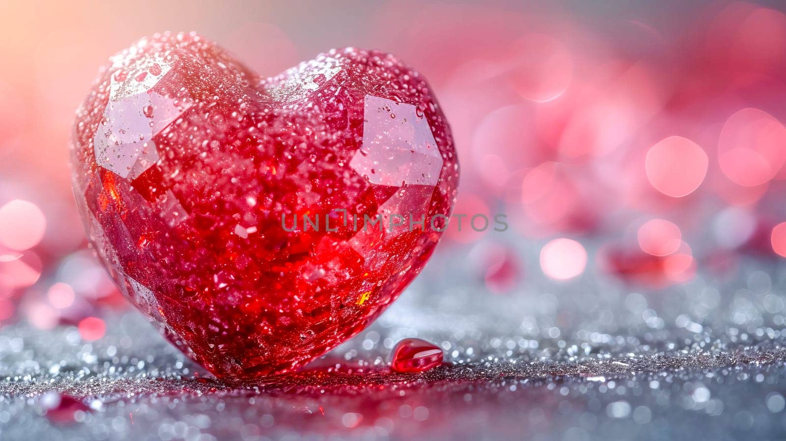 Beautiful luxury red heart made of ruby gemstone on a pink background. Copy space. AI generated.