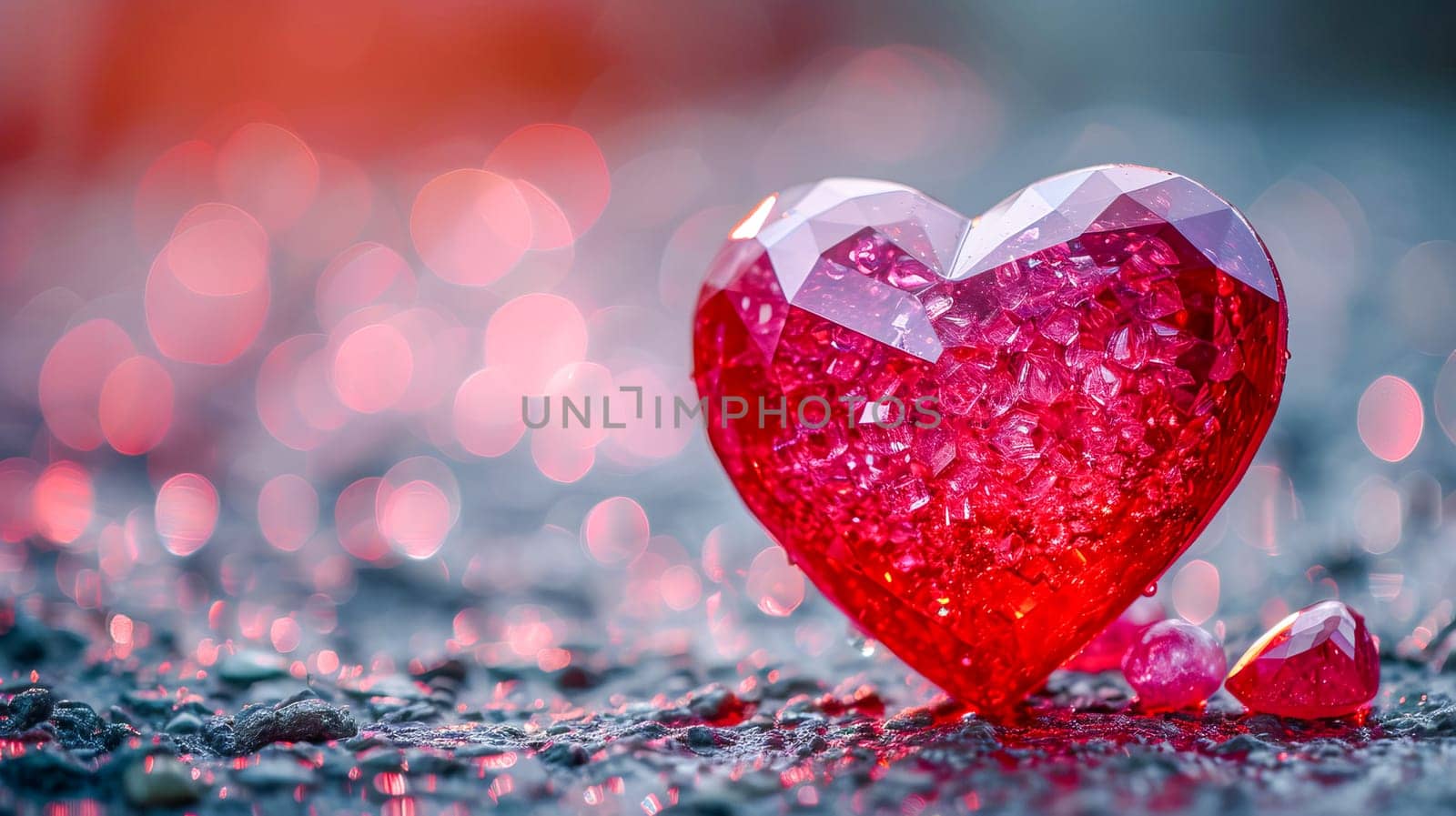 Beautiful red heart made of ruby gemstone on a pink background. AI generated. by OlgaGubskaya