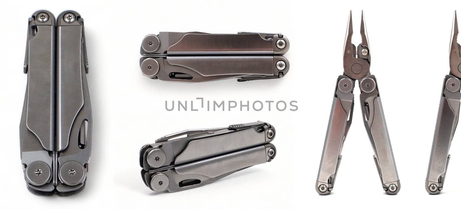Modern steel multitool with many tools isolated on a white background. Set of different angles and positions. Portable multitasking tool. Compact and portable product. EDC concept