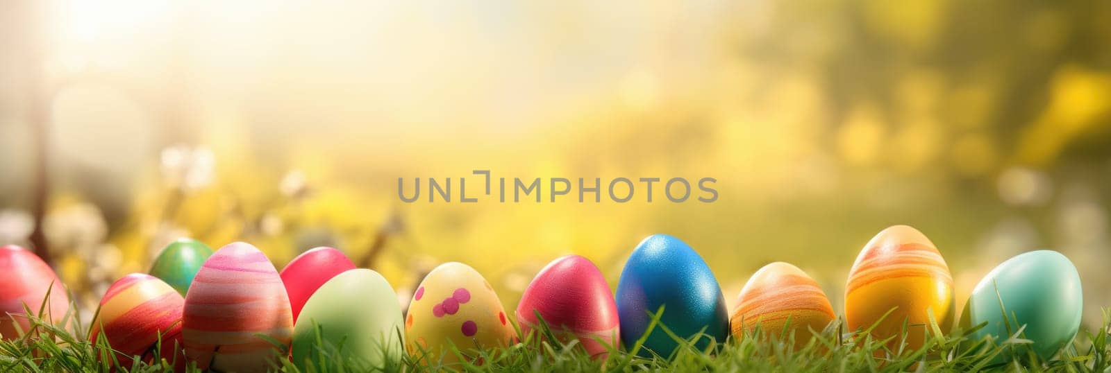 Easter eggs, green meadow on blurred background. Wide format banner by natali_brill