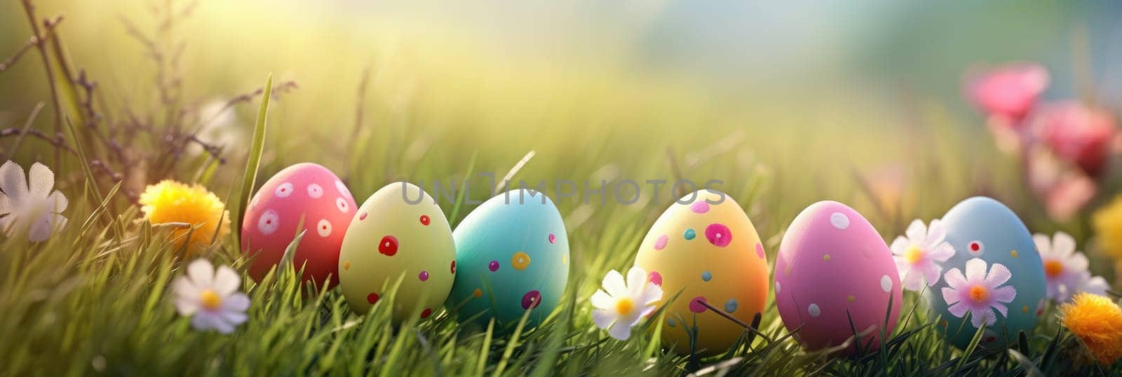 Easter eggs, green meadow on blurred background. Wide format banner AI