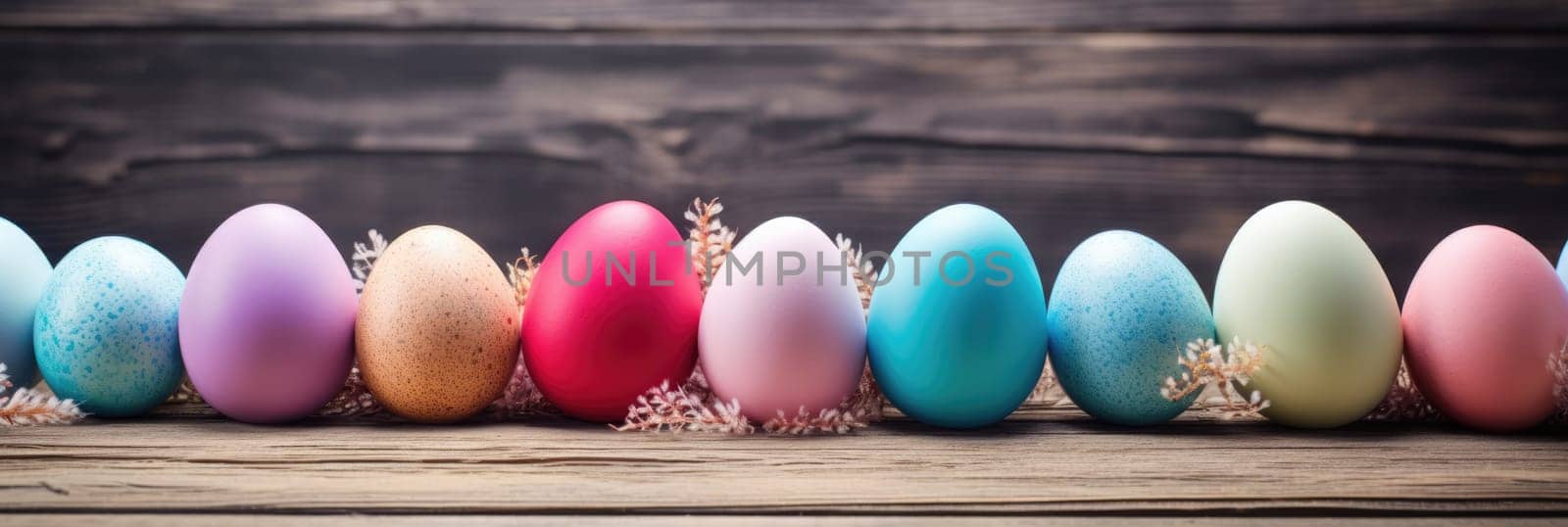 Easter eggs on wooden table. Wide format banner AI