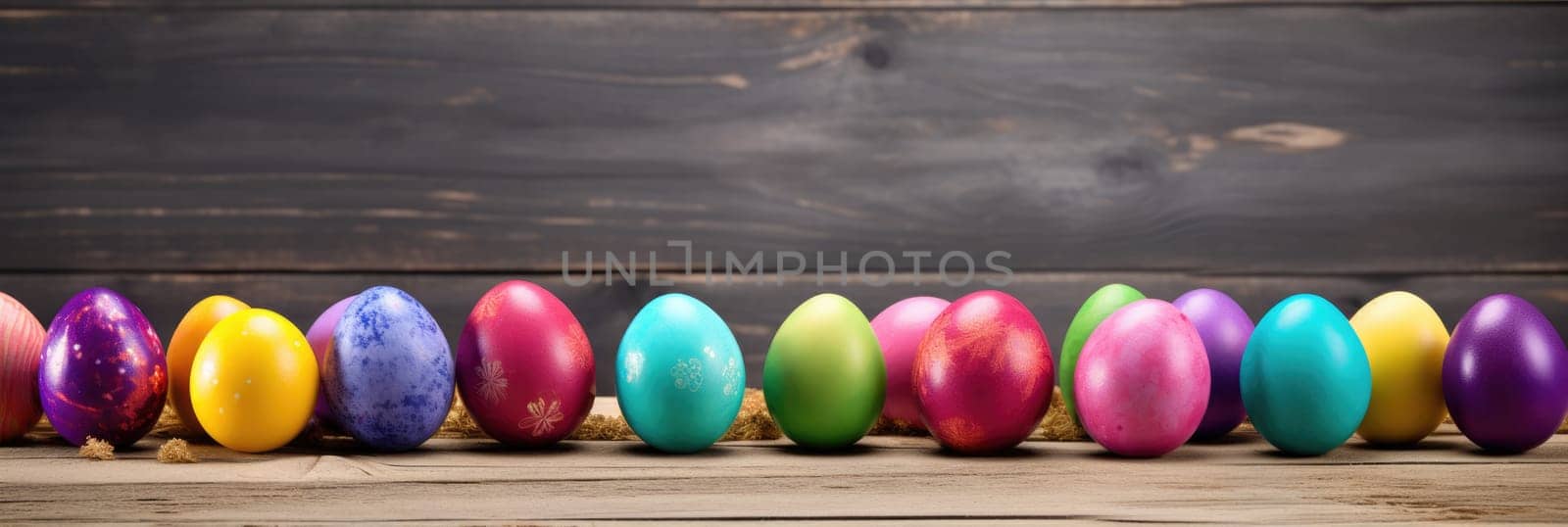 Easter eggs on wooden table. Wide format banner by natali_brill