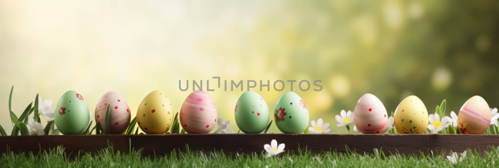 Easter eggs, green meadow on blurred background. Wide format banner AI