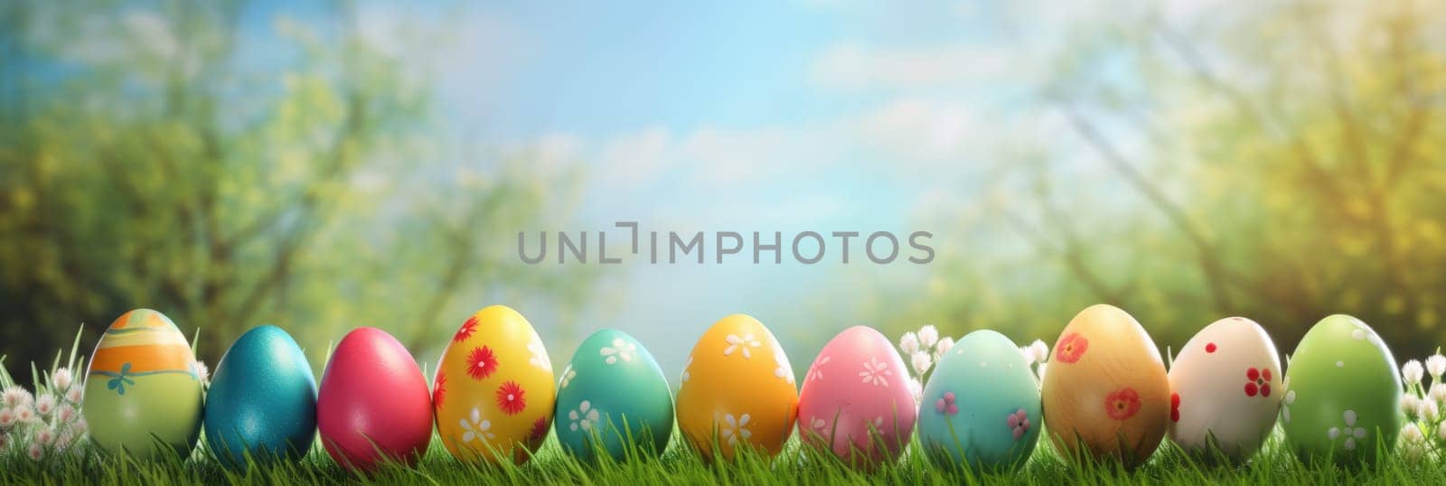 Easter eggs, green meadow on blurred background. Wide format banner by natali_brill