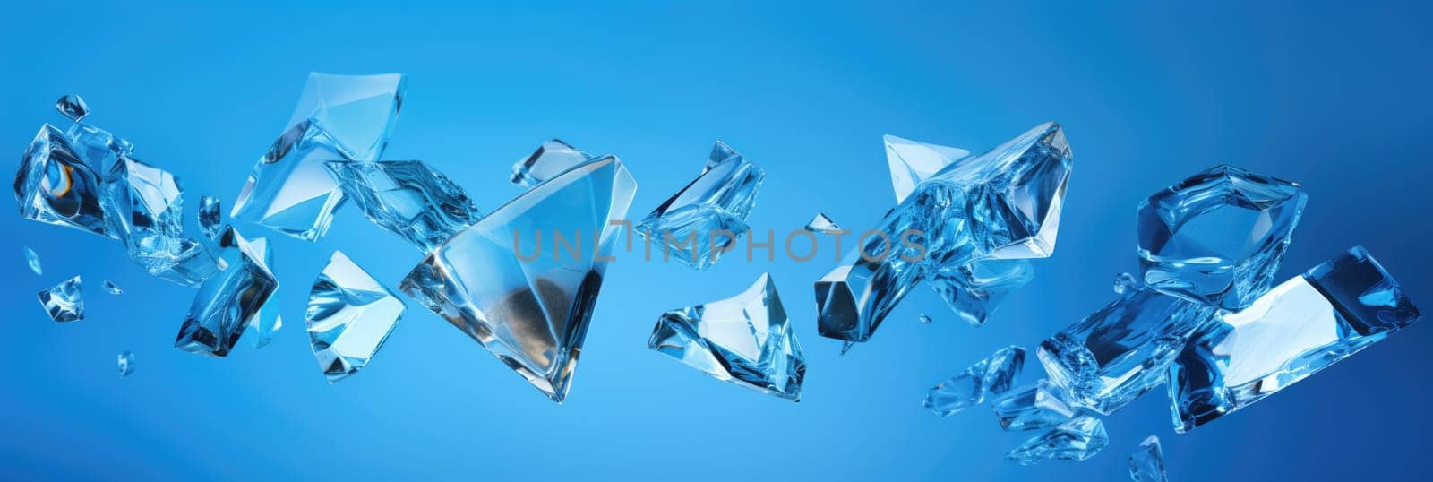 Flying glass fragments on a blue background. Wide format banner AI