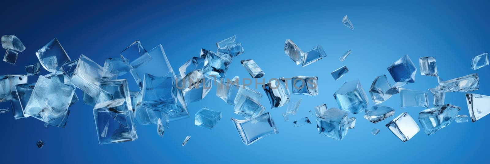 Flying glass fragments on a blue background. Wide format banner AI