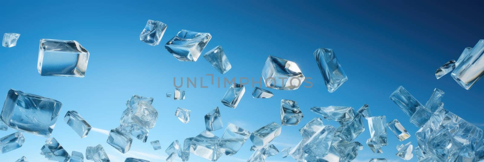 Flying glass fragments on a blue background. Wide format banner AI