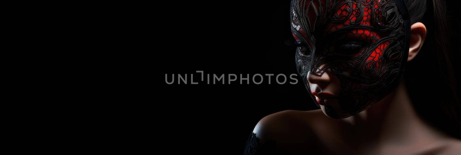 Beautiful woman in a mysterious sexy mask on a black background AI