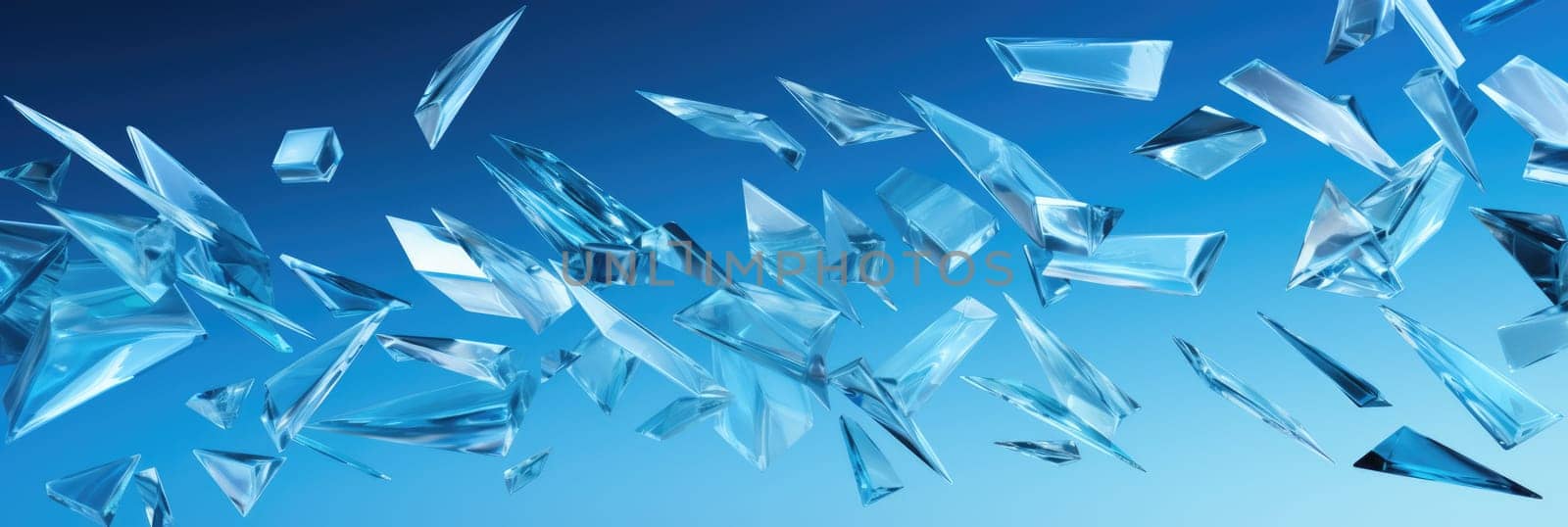 Flying glass fragments on a blue background. Wide format banner AI