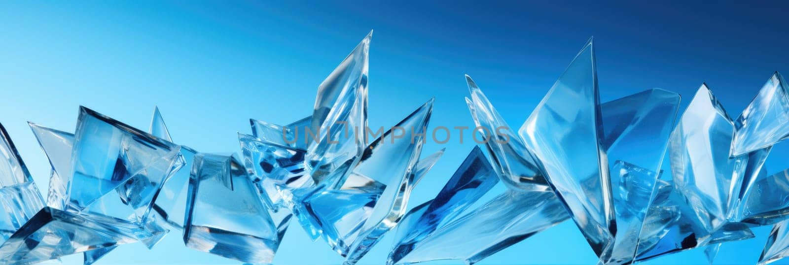 Flying glass fragments on a blue background. Wide format banner by natali_brill