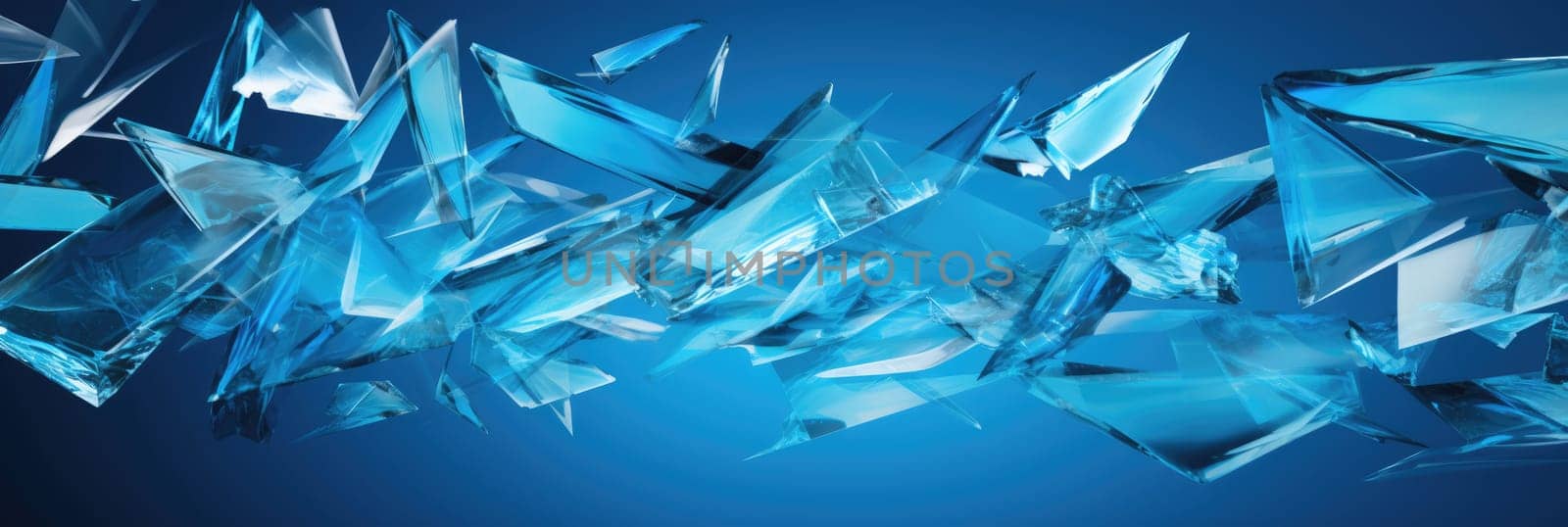 Flying glass fragments on a blue background. Wide format banner by natali_brill