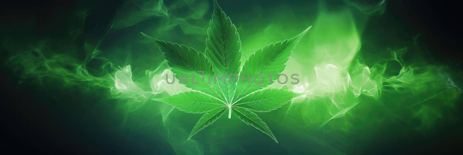 Marijuana plants on background. Green background with hemp leaves. Wide format banner AI
