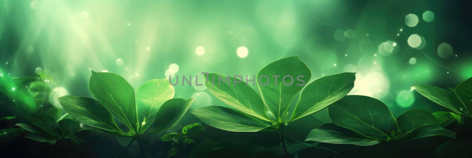 Natural green leaves floral background. Green background with leaves. Wide format banner AI