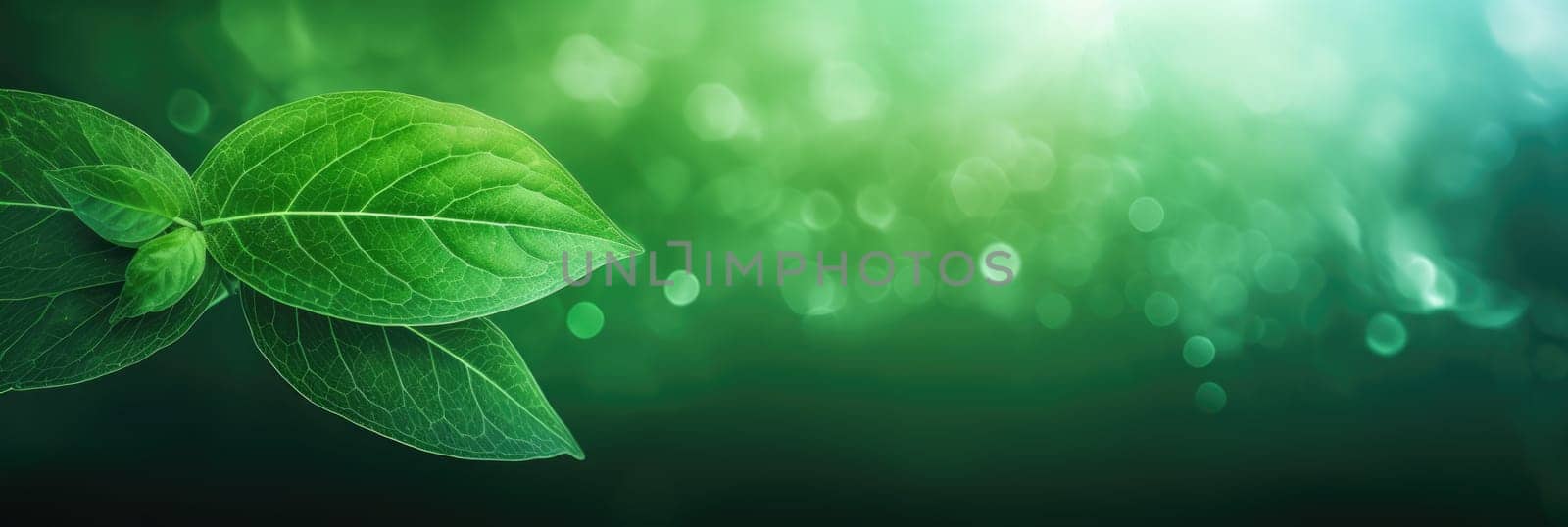 Natural green leaves floral background. Green background with leaves. Wide format banner AI