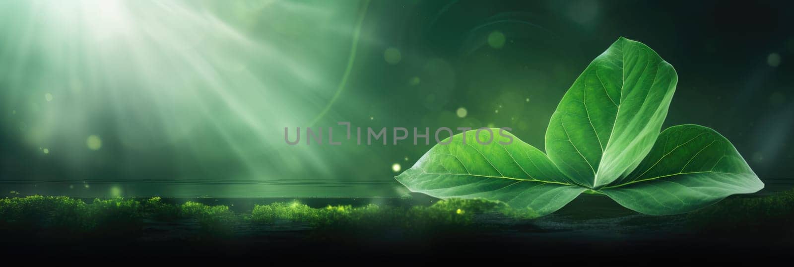 Natural green leaves floral background. Green background with leaves. Wide format banner AI