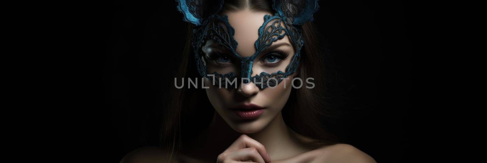 Beautiful woman in a mysterious hare mask on a black background AI