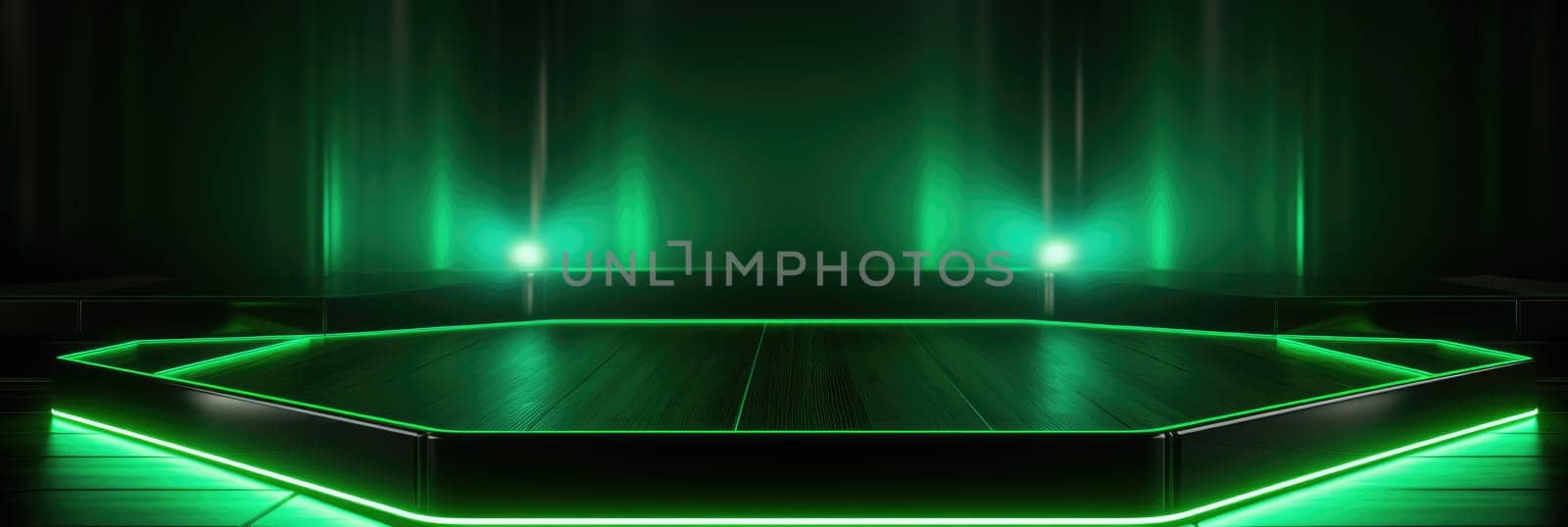Green neon platform for presentation. Wide format banner AI