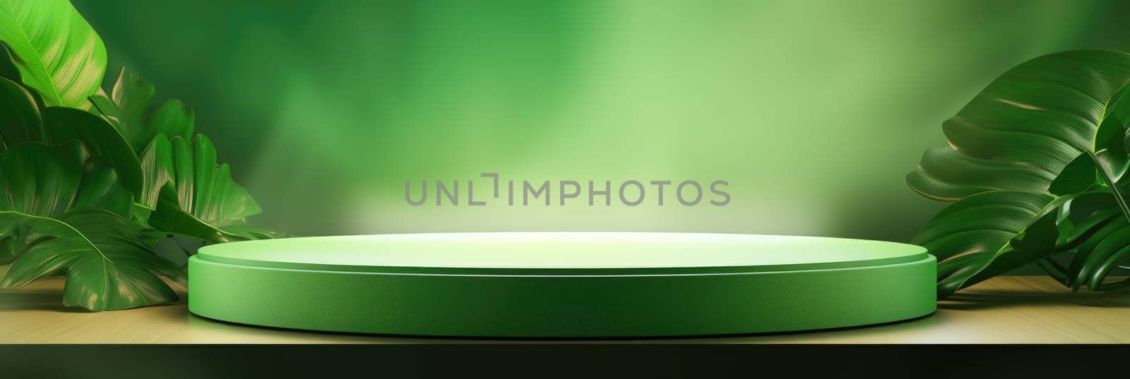 Abstract green background. Green platform for presentation. Wide format banner with leaf AI