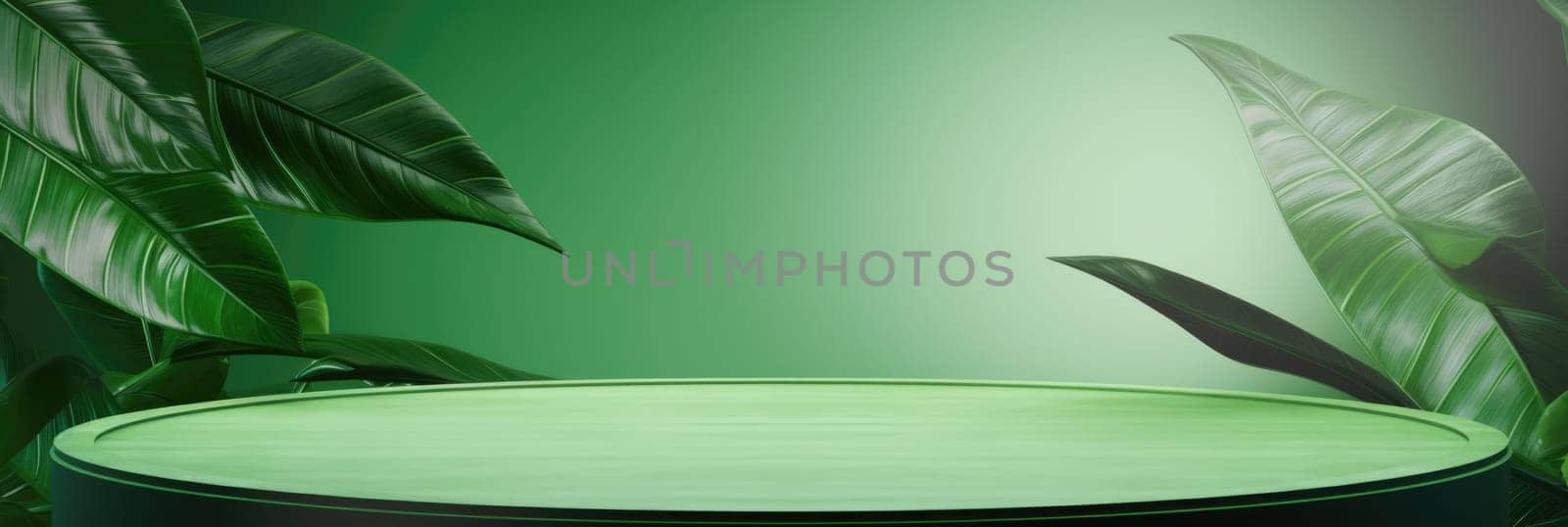 Abstract green background. Green platform for presentation. Wide format banner with leaf AI
