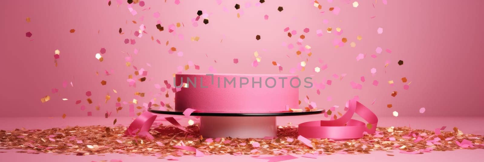Elegant pink circle single podium mockup. Pedestal and pink confetti background AI