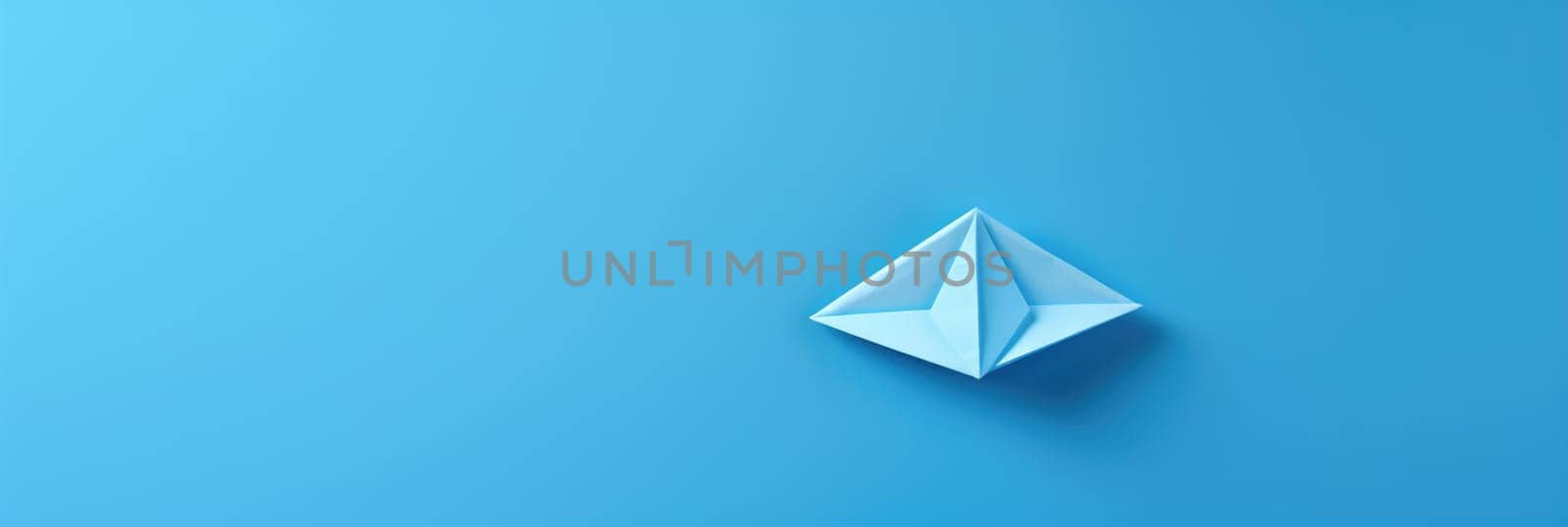 Paper boat on a blue background. Wide format banner AI