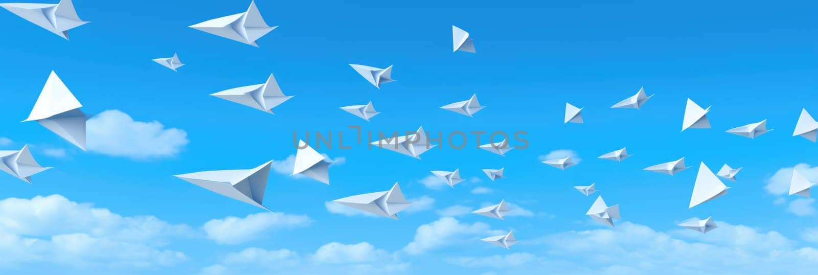 Paper airplanes on a blue background. Wide format banner AI