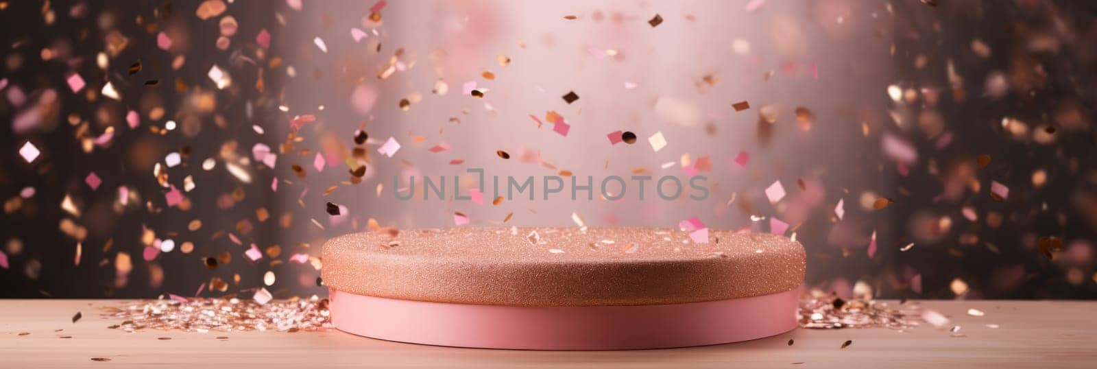 Elegant pink circle single podium mockup. Pedestal and pink confetti background by natali_brill