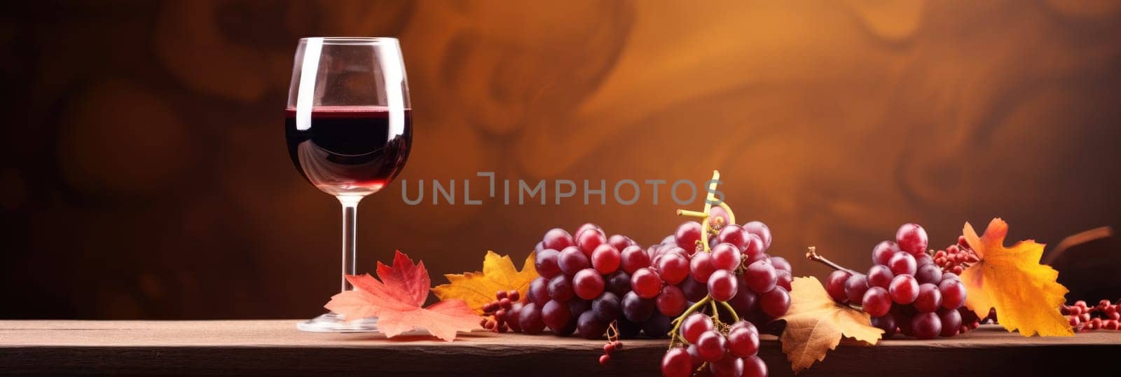 Wine and grapes background. Wide format banner AI