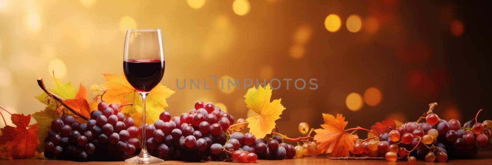 Wine and grapes background. Wide format banner AI