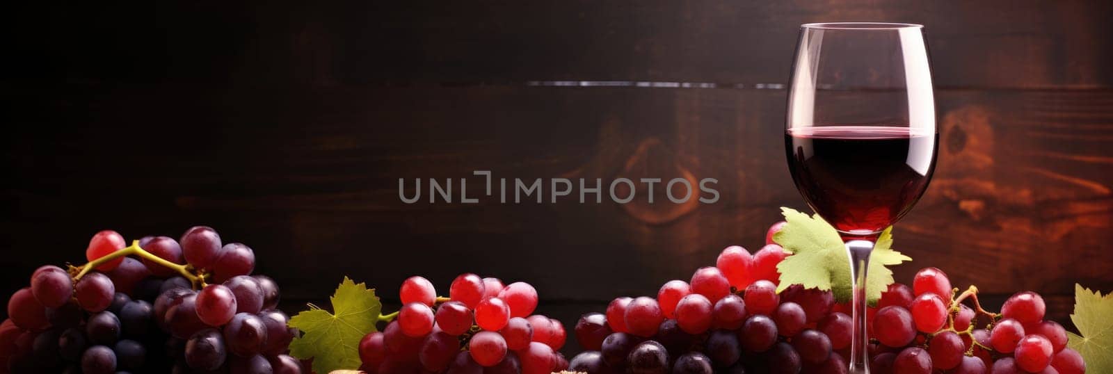 Wine and grapes background. Wide format banner AI