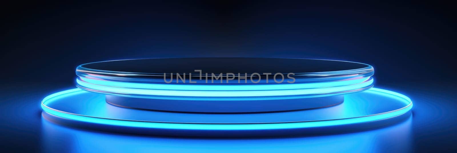 Blue neon platform for presentation. Wide format banner by natali_brill