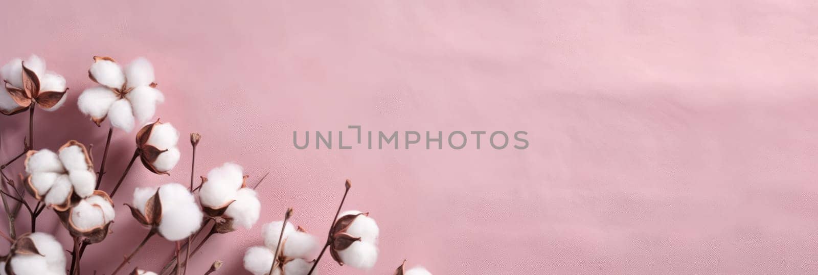 Stylish pink background, dry cotton sprig and pastel pink concrete background AI Wide format banner